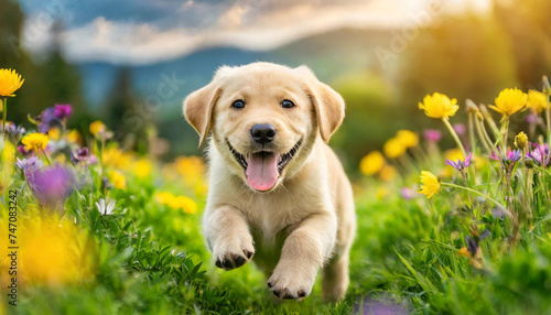 A dog labrador retriever puppy with a happy face runs through the colorful lush spring green grass © Giuseppe Cammino