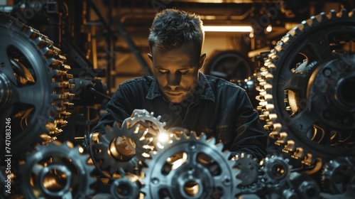 A maintenance worker inspects industrial machinery gears with precision in the shadows, ensuring flawless cog operation.