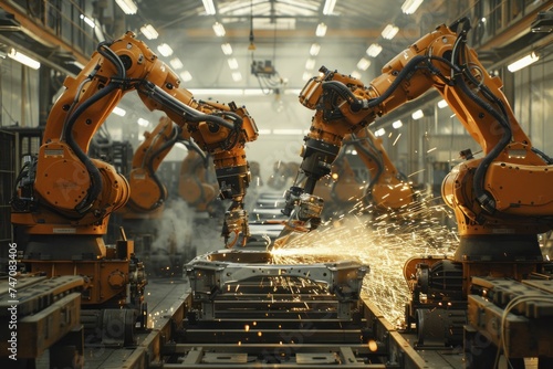 A robotic fleet welds and assembles car frames with sparks and steel, choreographed by cutting-edge tech. photo