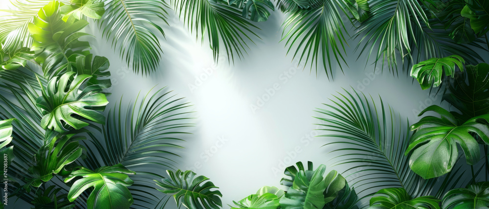 Product mock up, A lush arrangement of tropical green plants with a variety of leaf patterns, set against a plain, neutral background. Large copy space