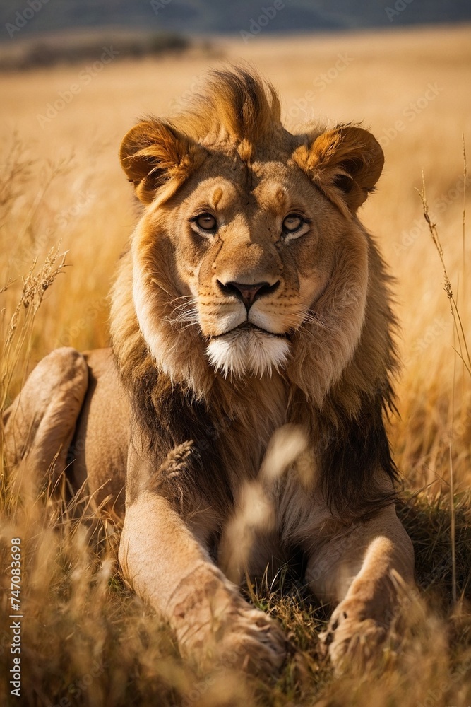 Lion relax in the meadow before sunset Lion relax in the meadow before sunset