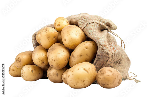 Raw potatoes in burlap bag isolated on PNG Background. Generative Ai.