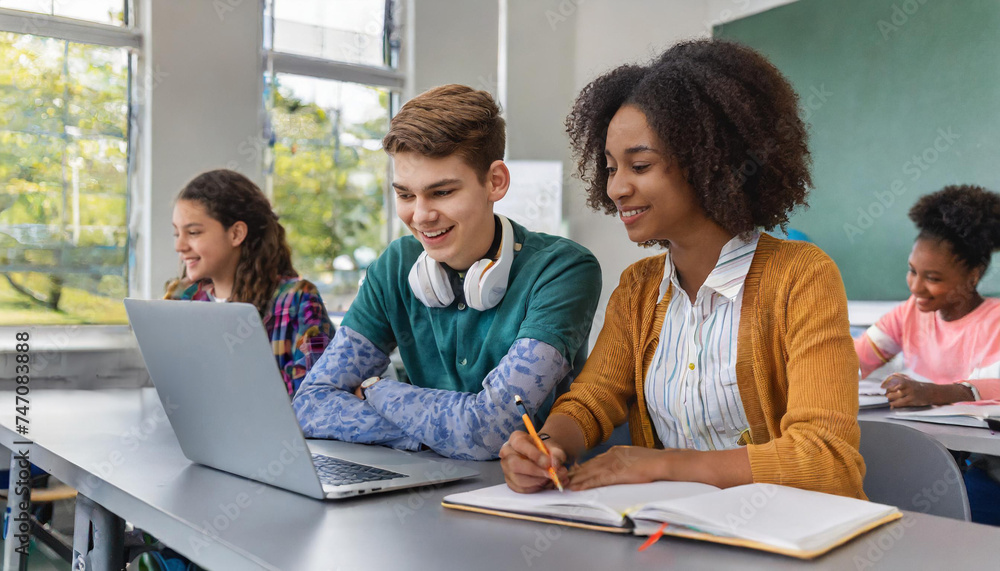 group of students using laptop; classroom; education group of students using laptop; classroom; education