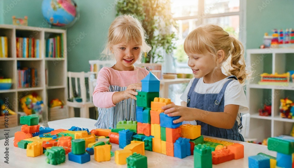 Fototapeta premium children playing with toys; playing with toy blocks; colorful kindergarten; preschool