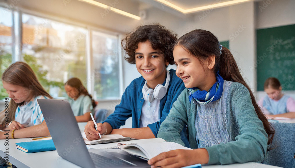 group of students using laptop; classroom; education group of students using laptop; classroom; education