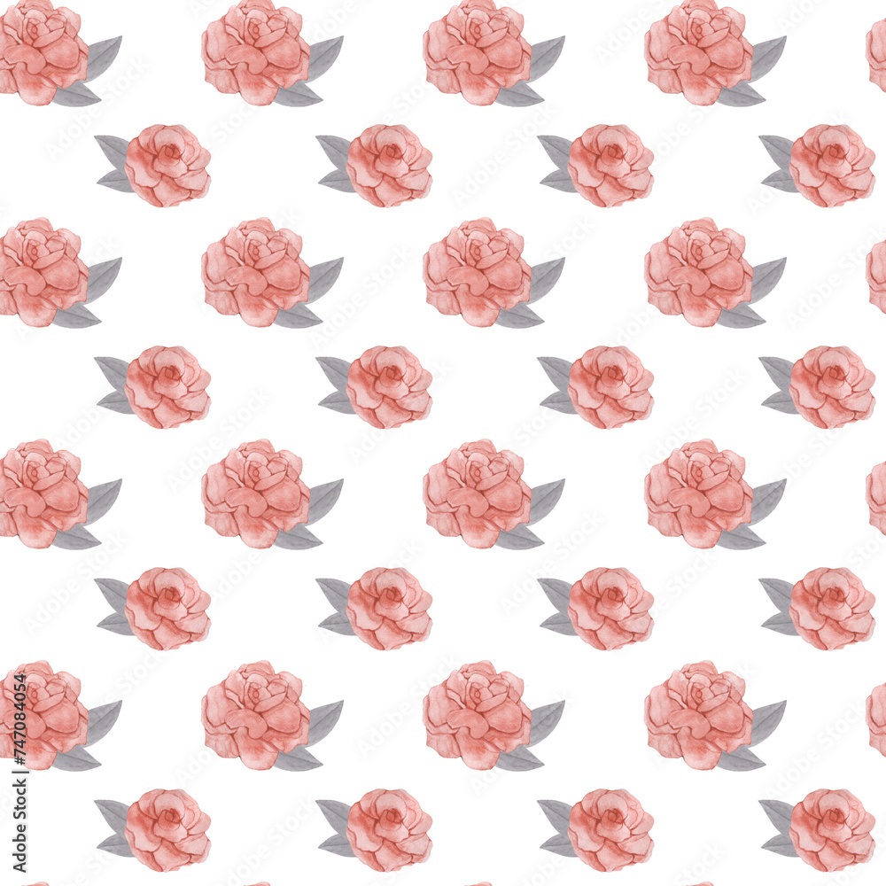 A pattern of simple bright watercolor illustrations of beautiful red flowers roses with grey leaves. Hand-drawn. A pattern of simple bright watercolor illustrations of beautiful red flowers roses with grey leaves. Hand-drawn.