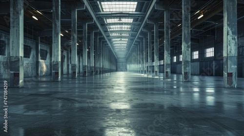 Warehouse Wonders: A vast, empty warehouse space, ready to be filled with goods, the beginning of global distribution networks.