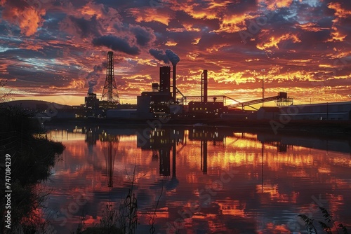 Sunset paints a silhouette of an industrial complex amid the fiery sky, showcasing manufacturing might's beauty and grandeur.