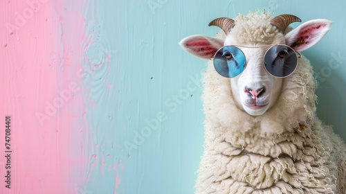 Playful sheep sporting sunglasses against pastel backdrop, allowing room for text placement.