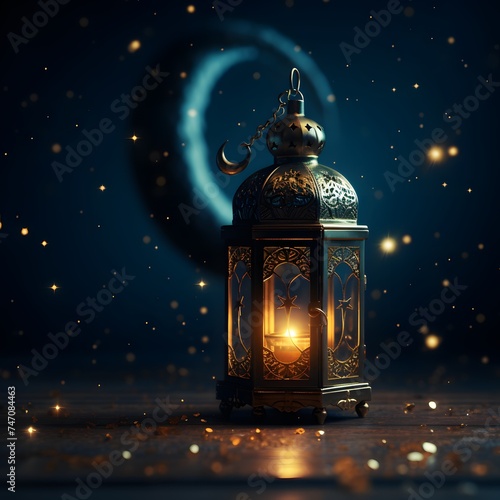 Islamic lantern against the serene backdrop of a crescent moon and starry night sky