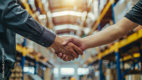 two people shaking hands in the warehouse