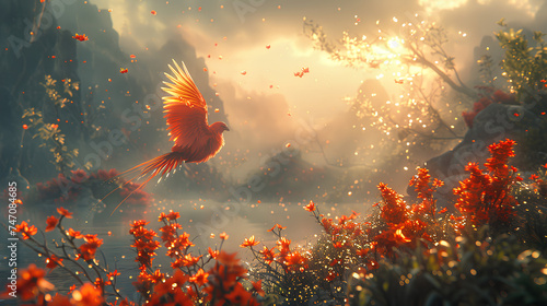 fantasy landscape with magic red birds photo