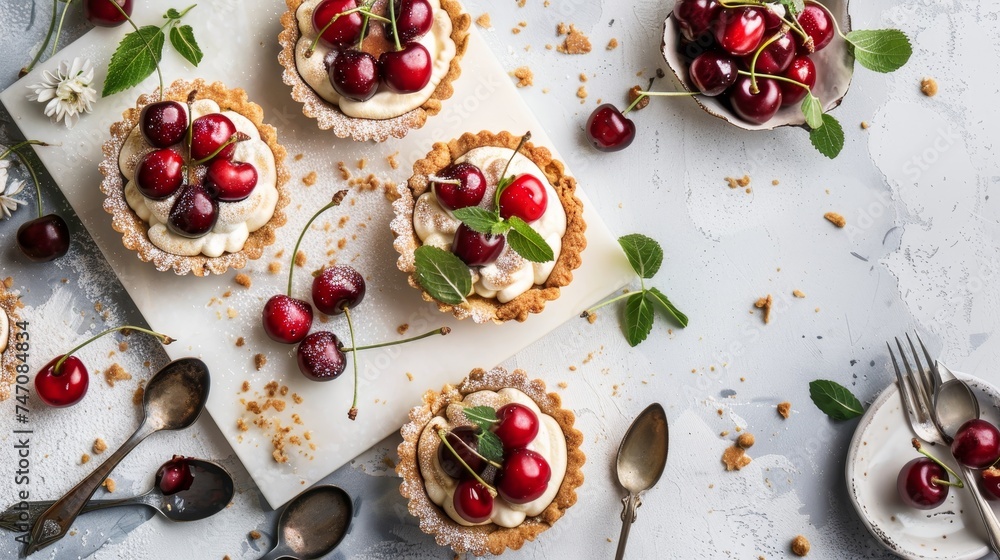 Delicious cherry mini tart on white cutting board with vintage teaspoons, top view Delicious cherry mini tart on white cutting board with vintage teaspoons, top view