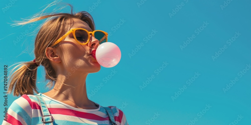 A stunning female model blows a blue bubblegum outdoors under a clear sky.