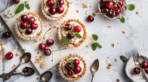 Delicious cherry mini tart on white cutting board with vintage teaspoons, top view