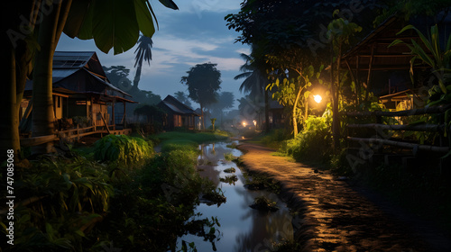 Sun-kissed Serenity: A Evening View of a Thai Rural Stilt Village Surrounded by Tropical Flora