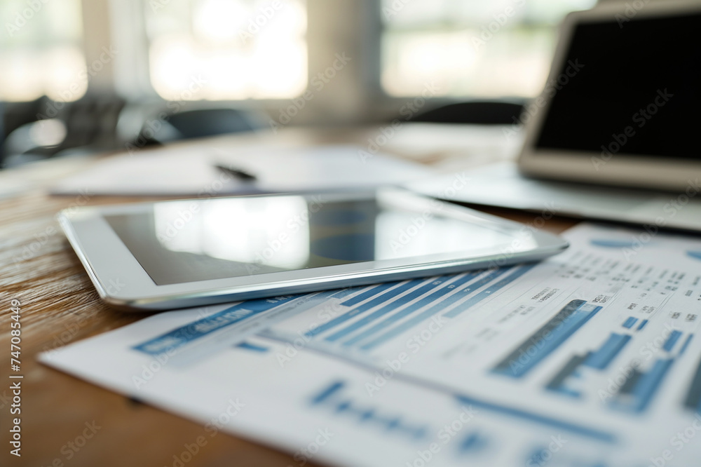 workplace with tablet on table, financial reports and graphs workplace with tablet on table, financial reports and graphs