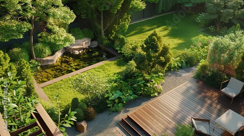 Landscaping the backyard, area 4*8 centimeters, with a pond and green trees. L-shaped wooden balcony, high view, beautiful, 8k images. © Jeerawut