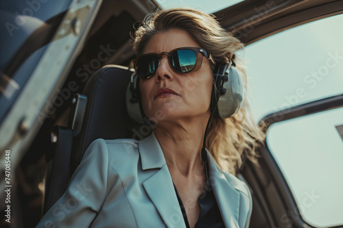 Attractive middle age business woman using private helicopter to travel to a business meeting photo
