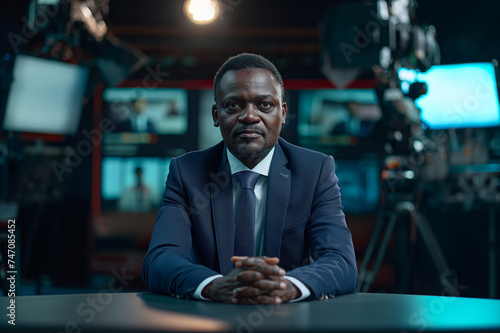 Talk show male african middle aged presenter in suit at her table in studio, looking in to camera, mock-up television studio photo