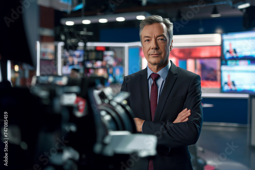 Male middle aged host presenting daily news and latest events on live television channel in newsroom studio photo