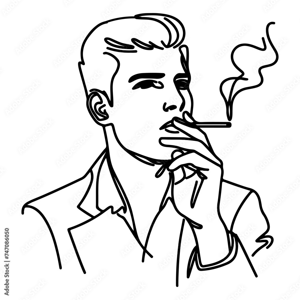 continuous line hand drawing Close up man smoking cigarette vector on white background continuous line hand drawing Close up man smoking cigarette vector on white background