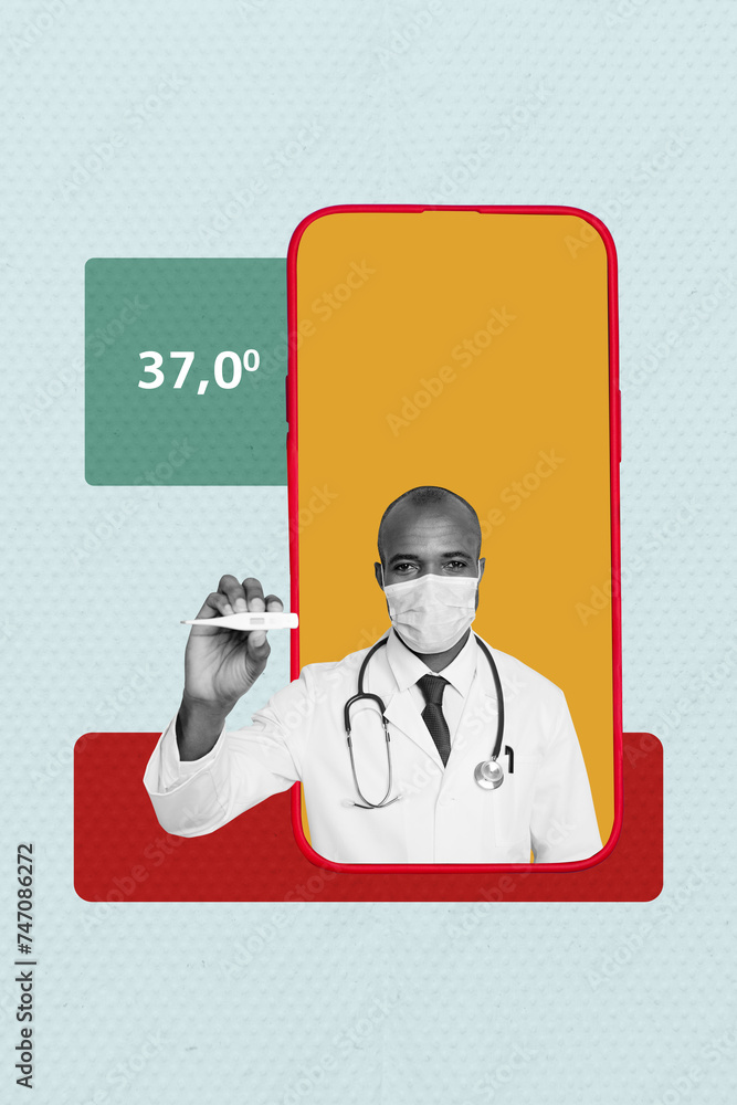 Creative drawing collage of man doctor online device thermometer illness prevention wellbeing healthy concept weird freak bizarre unusual Creative drawing collage of man doctor online device thermometer illness prevention wellbeing healthy concept weird freak bizarre unusual