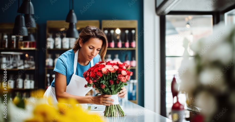 Florist arranges vibrant bouquets in her fragrant, sunlit shop. Florist arranges vibrant bouquets in her fragrant, sunlit shop.