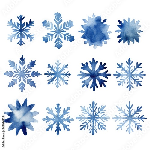Watercolour Snowflakes Set Isolated, Watercolour Snow Flake Shapes, Aquarel Snow Symbols