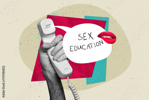 Creative trend collage of hold handset call bite lips sex education erotic seductive girl promo concept weird freak bizarre unusual