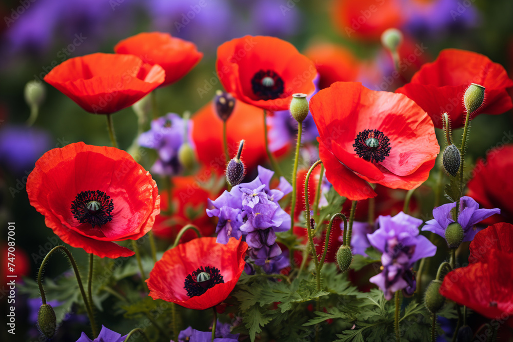 Obraz premium Contrasting bright red poppies cover half of the frame