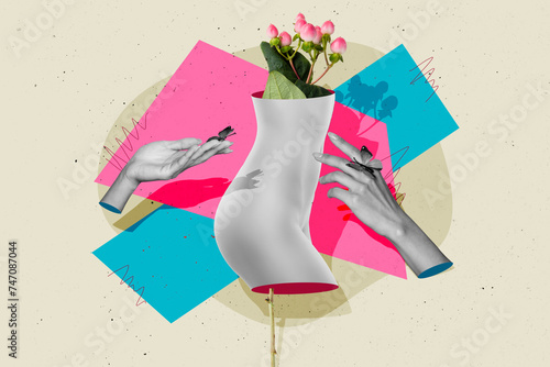Creative abstract template collage of skinny figure hands touch flower erotic seductive girl promo unusual fantasy billboard comics