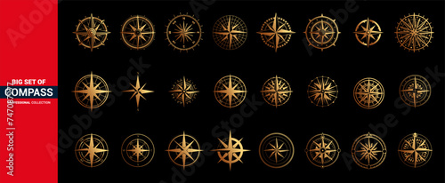 Golden wind rose golden compasses. Golden vintage compass icon.