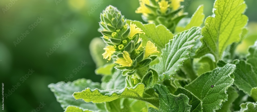 A focused shot of a terrestrial plant with vibrant yellow flowers and lush green leaves, showcasing the beauty of this flowering plant species. A focused shot of a terrestrial plant with vibrant yellow flowers and lush green leaves, showcasing the beauty of this flowering plant species.