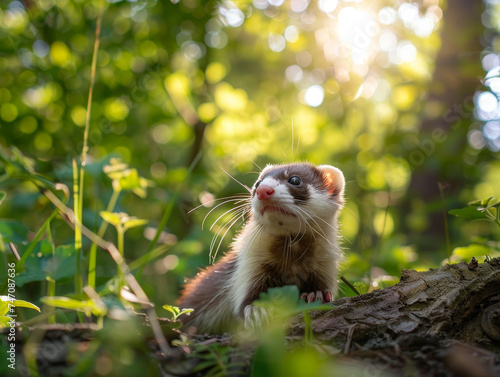 A small ferret peeks through lush greenery, bathed in sunlight filtering through the leaves.