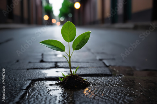 A lonely fresh small green plant on the ground in a dark rainy street, indicating nature resilience