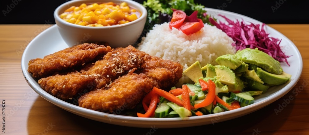 A plate filled with a variety of delicious and nutritious foods, including white rice, seasoned tempeh, corn fritters, fried tofu, seasoned chicken, and a small fresh salad. A plate filled with a variety of delicious and nutritious foods, including white rice, seasoned tempeh, corn fritters, fried tofu, seasoned chicken, and a small fresh salad.