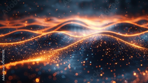 In this render you see a blurred background of glowing particles, with depth of field and bokeh. Particles have been arranged into a grid or microcosm.