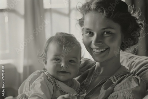 Reminiscing love, black and white photos nostalgic memories of a loving family, glimpse into the past, tender moments between a mom and her baby, heartfelt emotions