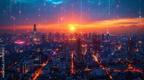 In this panorama view of Bangkok at night  wireless network and connection technology is seen with a Bangkok city background
