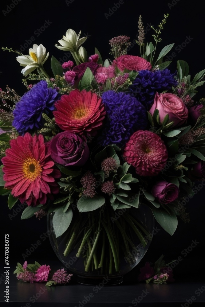Vibrant colorful bouquet in a glass vase