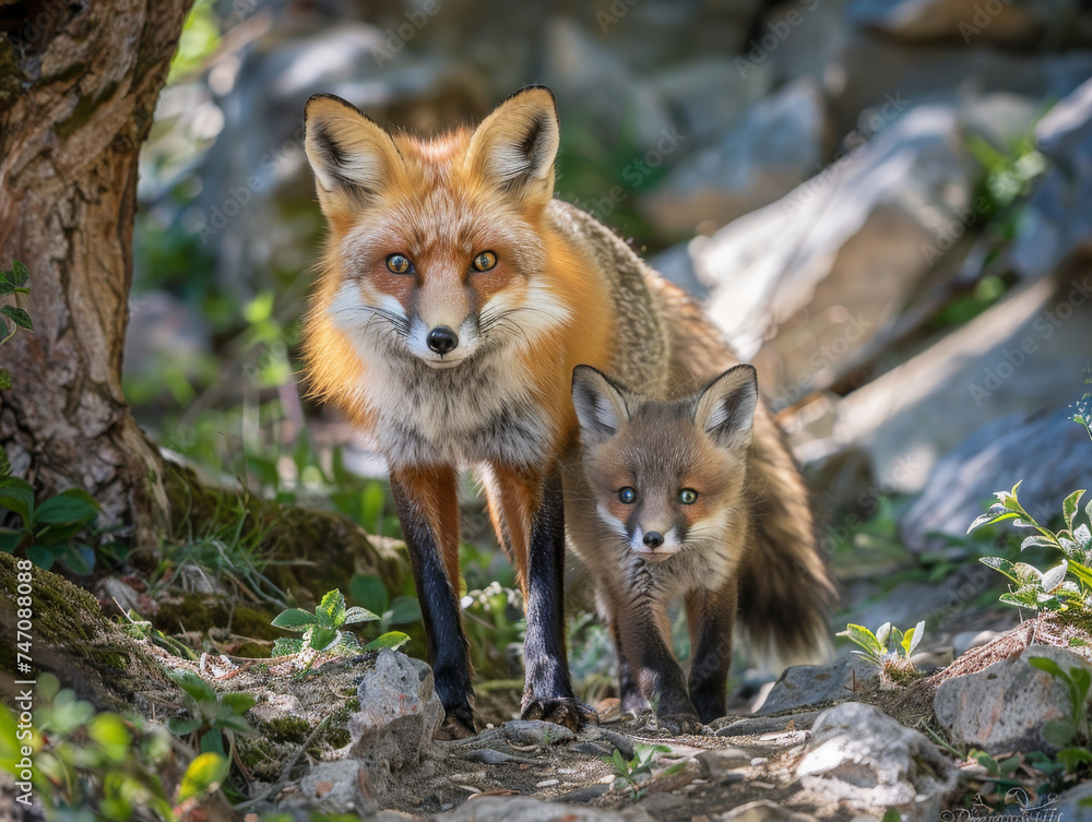 A fox mother and her cub venture out, exploring their woodland surroundings with caution.