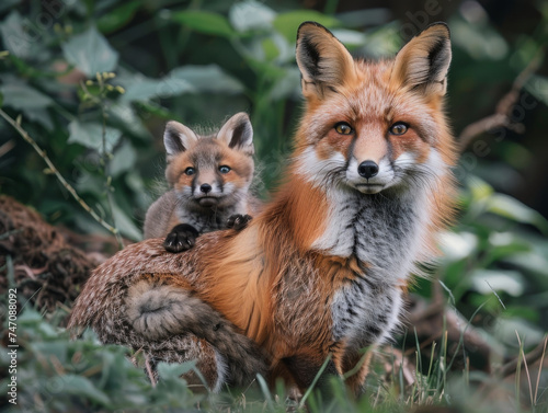 A mother fox and her cub enjoy a peaceful rest, nestled together in their forest habitat.