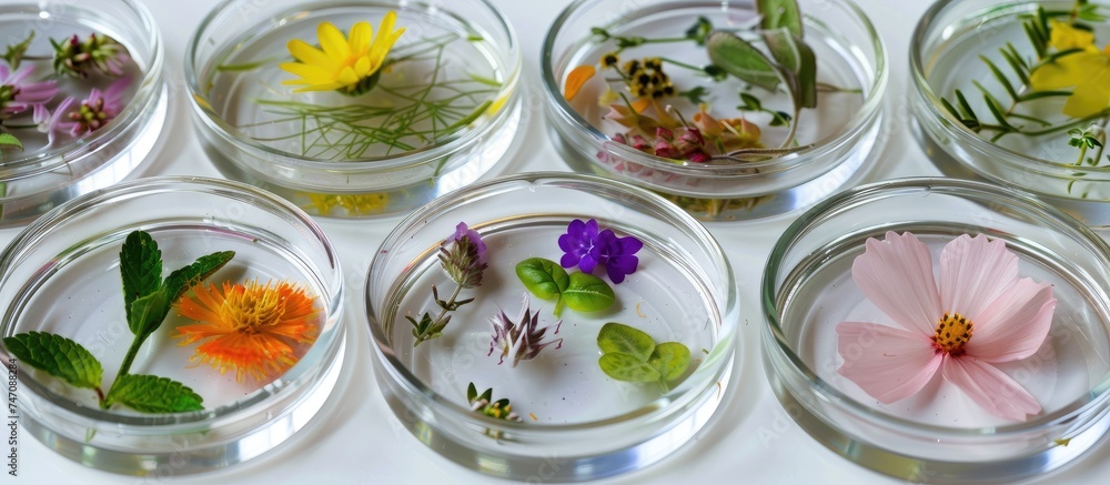 A collection of glass bowls filled with various types of colorful flowers, creating a vibrant and diverse floral display. A collection of glass bowls filled with various types of colorful flowers, creating a vibrant and diverse floral display.