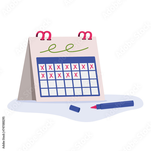 Tracking daily habits concept. Desk calendar with crosses drawn to mark off days. Modern flat vector graphic illustration.
