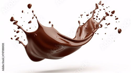 The enticing, rich and creamy liquid chocolate wave captures indulgence in a delectable treat, isolated in 3D with a brown splashing jet and droplets suspended in mid-air.