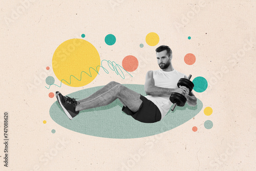 Composite image collage 3d sketch artwork of young athlete do exercises abdominal muscles dumbbell load weight twisting efforts isolated on painted background