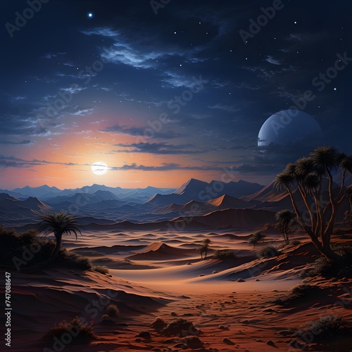 moonlit desert landscape with a mystical oasis