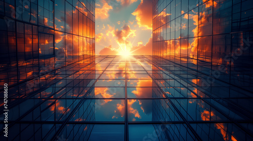 Modern skyscrapers with sunset sky and clouds