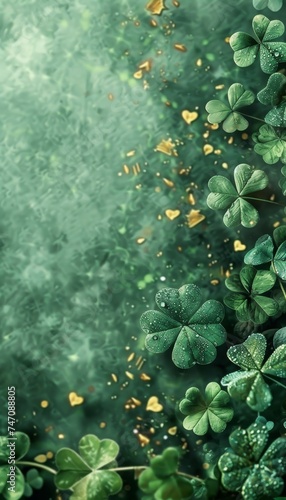 Stpatrick s day banner with irish balloons, clover, gold coins, and confetti on a green background.